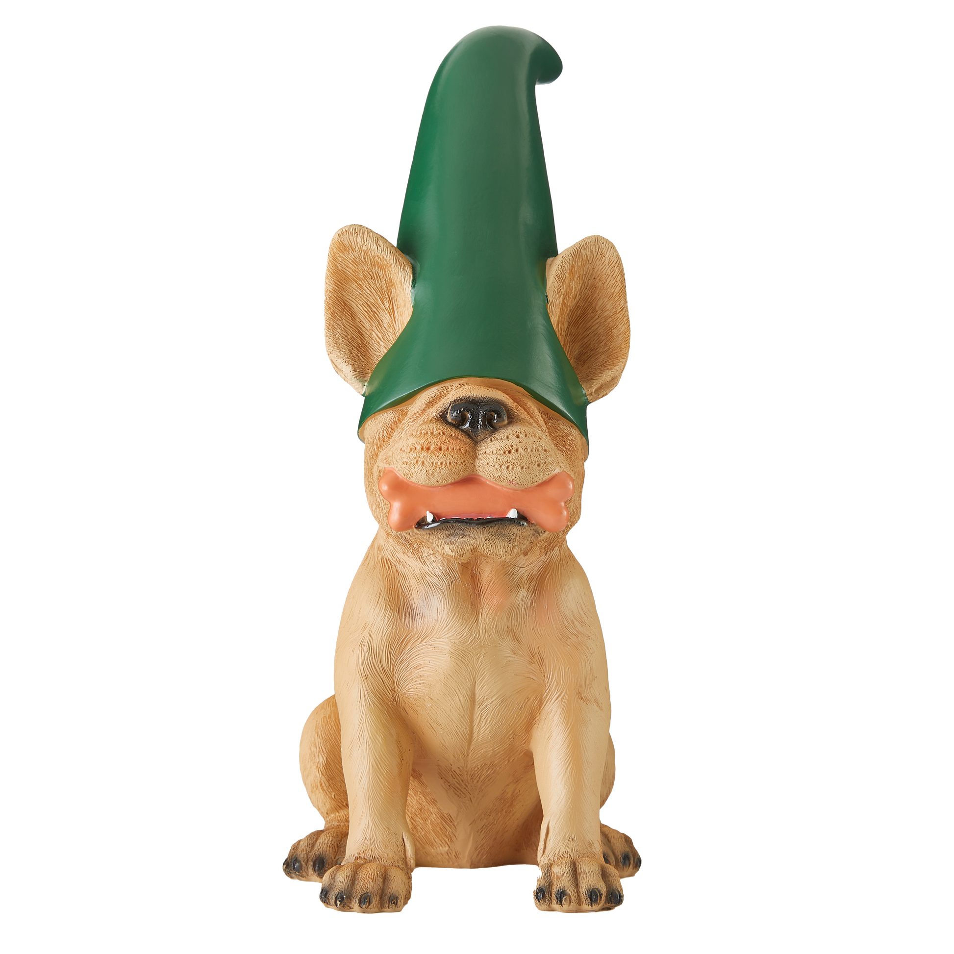 Beige Frenchie Gnome with Green Hat & Bone!